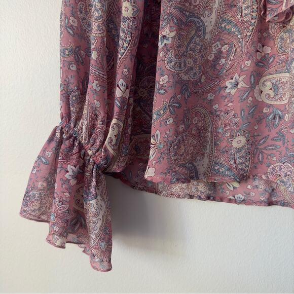 Show Me Your MuMu Sheer Long Sleeve Peasant Top Floral Paisley Lace Up Neckline - Picture 6 of 13